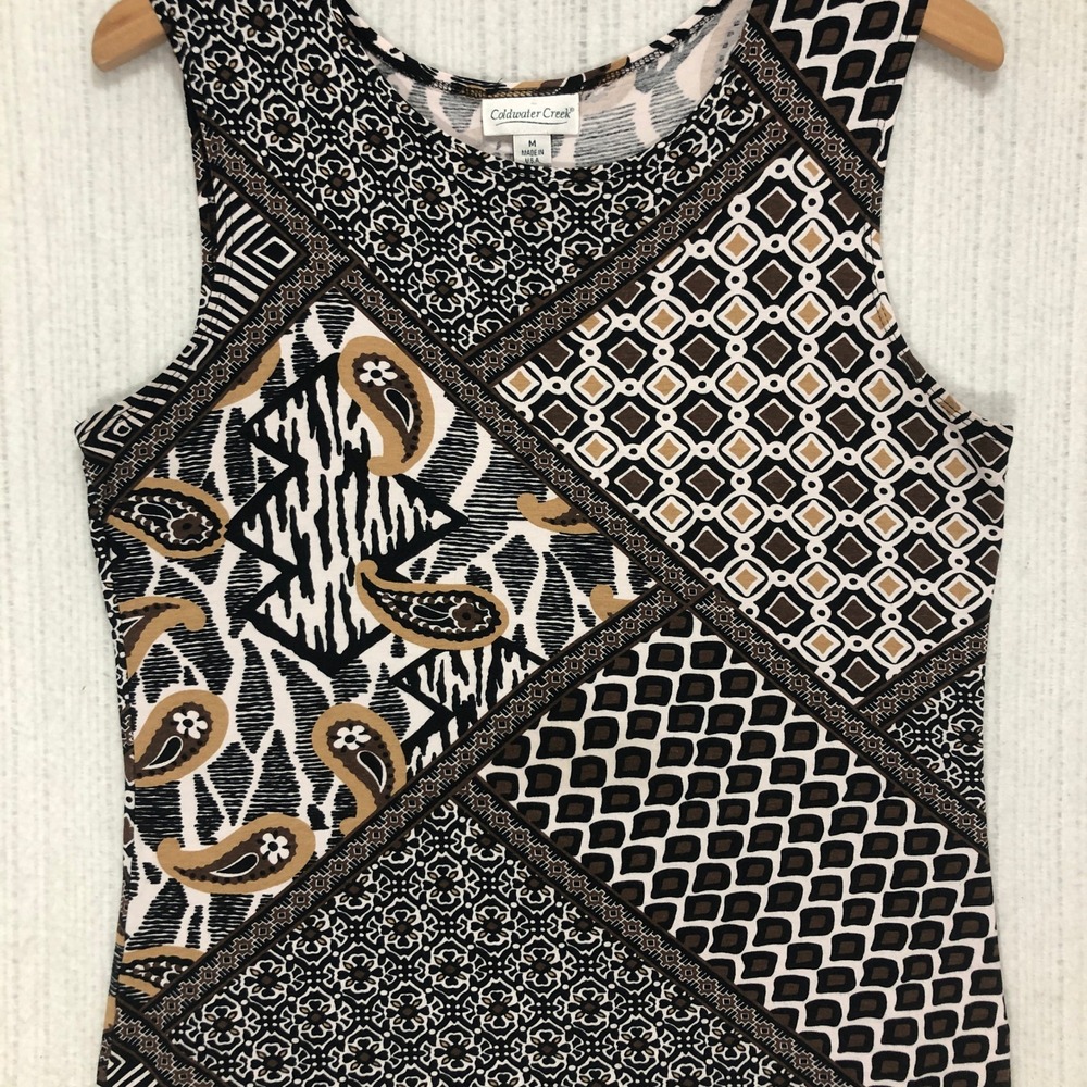 Coldwater Creek Womens Patchwork Geometric Paisley Tank Top Black White Tan M